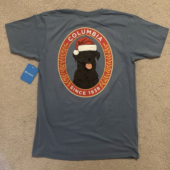 Columbia Sportswear T-Shirt Mens Size Medium Blue Dog Graphic Christmas NEW - Picture 1 of 8